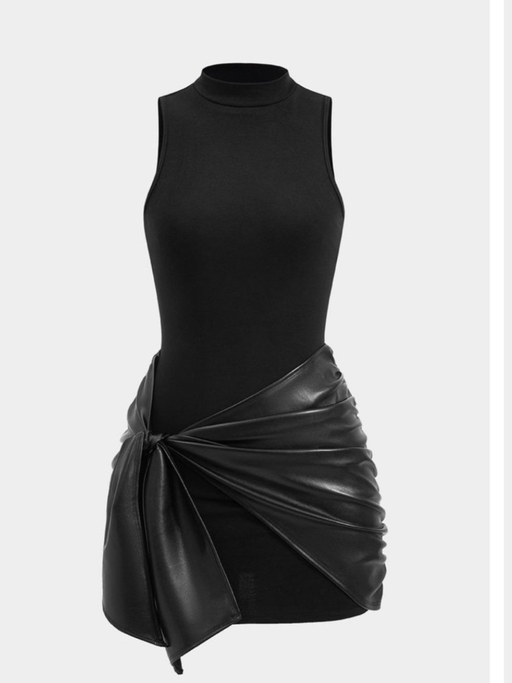 Black Mini Dress with Draped Faux-Leather Wrap